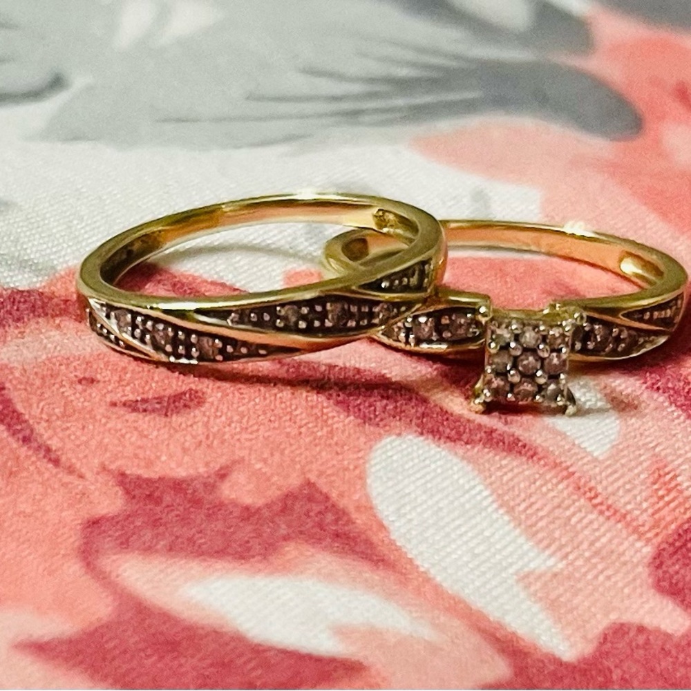 REAL 10kt GOLD diamond cut wedding band SET - Picture 4 of 12